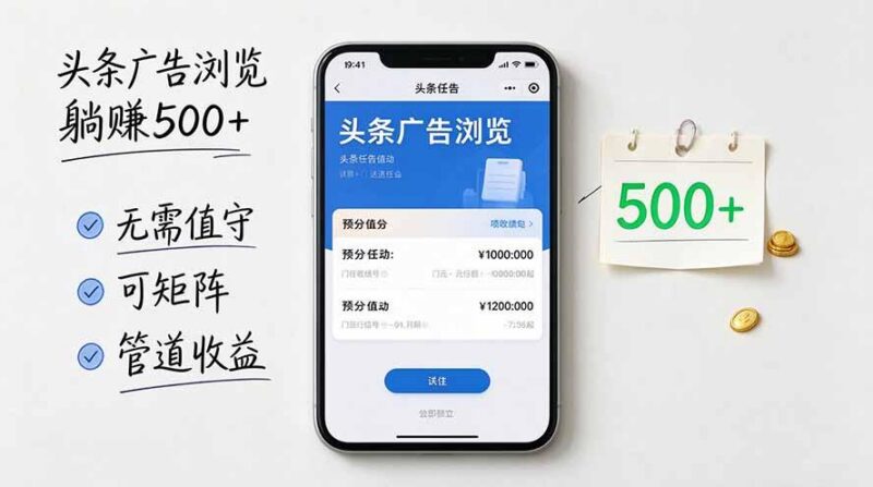 头条广告浏览躺赚500+无需值守，可矩阵并附有管道收益 三零资源-三零资源