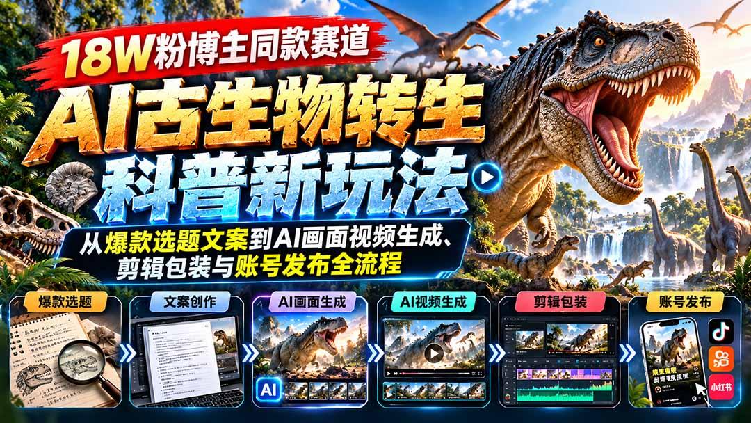 18W粉博主同款赛道-AI古生物转生科普新玩法:从爆款选题文案到AI画面视频生成、剪辑包装与账号发布全流程