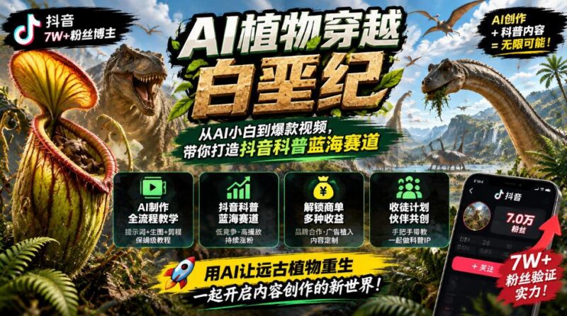 抖音7W粉丝博主的AI植物穿越白垩纪教学，抖音科普蓝海赛道，解锁商单收徒伙伴计划等多种收益 三零资源-三零资源