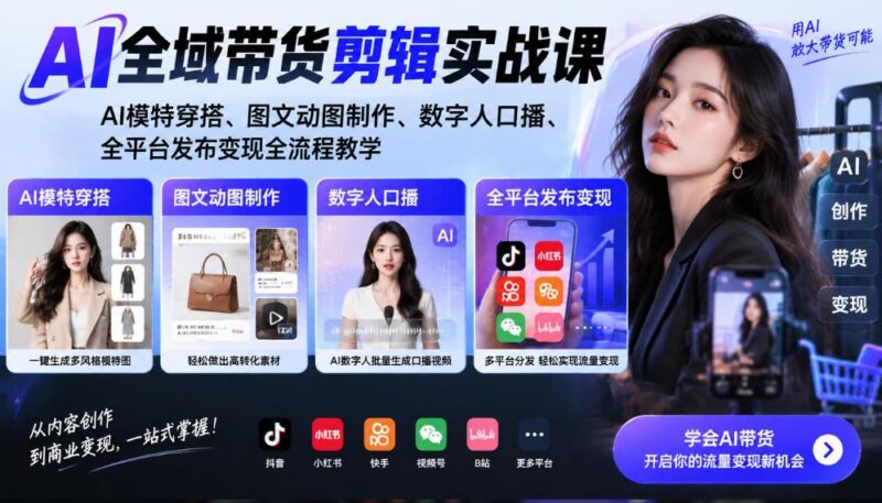 AI全域带货剪辑实战课|AI模特穿搭、图文动图制作、数字人口播、全平台发布变现全流程教学 三零资源-三零资源