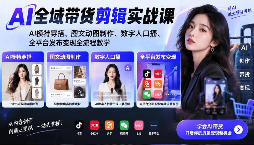 AI全域带货剪辑实战课|AI模特穿搭、图文动图制作、数字人口播、全平台发布变现全流程教学