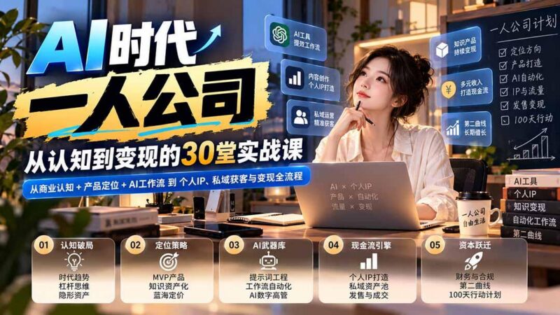 【无水印】AI时代一人公司30堂实战课:从商业认知+产品定位+AI工作流到个人IP、私域获客与变现全流程 三零资源-三零资源