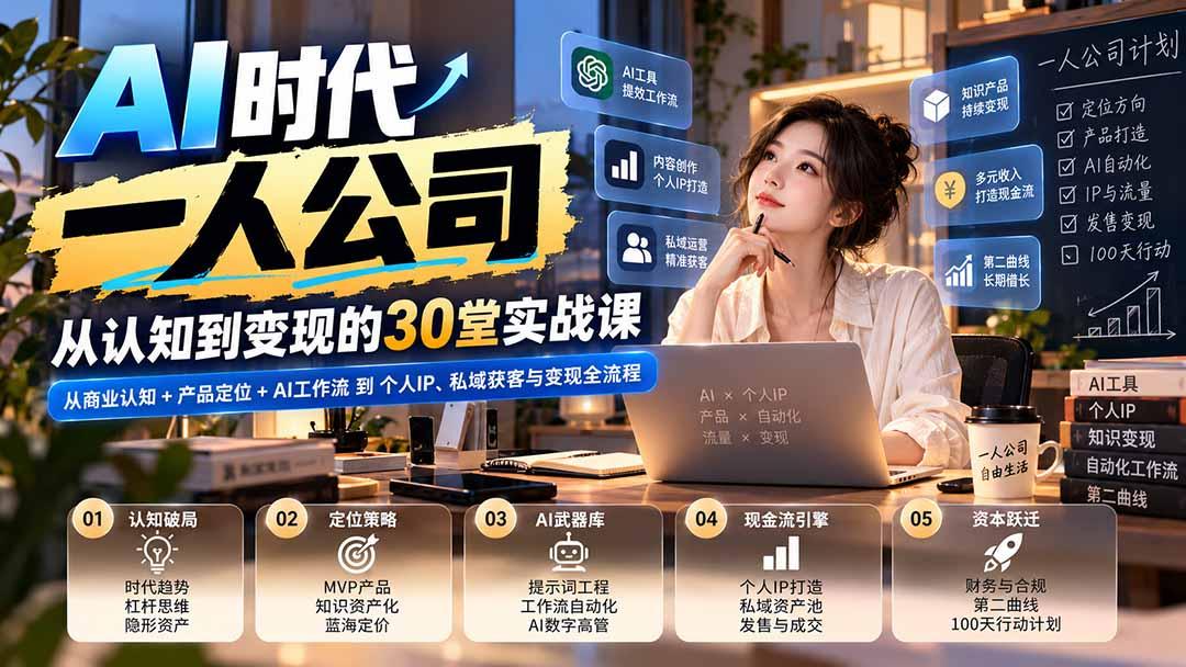 【无水印】AI时代一人公司30堂实战课:从商业认知+产品定位+AI工作流到个人IP、私域获客与变现全流程