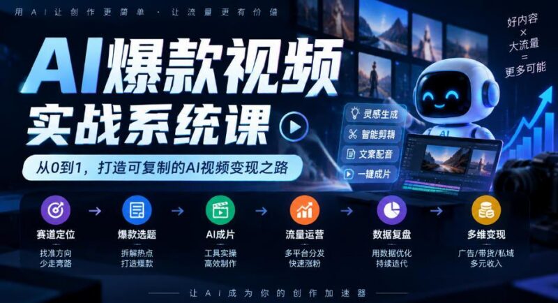 AI爆款视频实战系统课|赛道定位、爆款选题、AI成片、流量运营、数据复盘、多维变现全链路教学 三零资源-三零资源