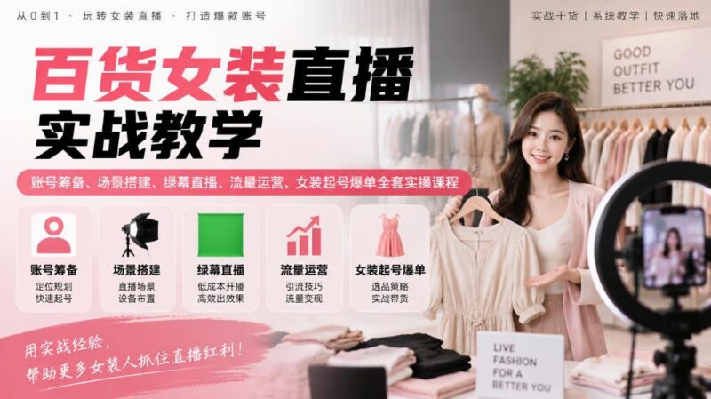 百货女装直播实战教学|账号筹备、场景搭建、绿幕直播、流量运营、女装起号爆单全套实操课程-三零资源