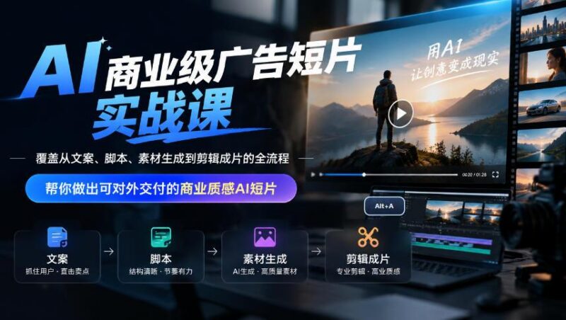 AI商业级广告短片实战课,覆盖从文案、脚本、素材生成到剪辑成片的全流程,帮你做出可对外交付的商业质感AI短片-三零资源