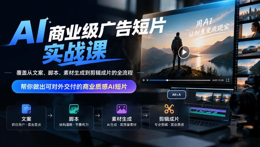 AI商业级广告短片实战课，覆盖从文案、脚本、素材生成到剪辑成片的全流程，帮你做出可对外交付的商业质感AI短片