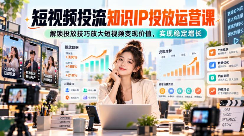 短视频投流知识IP投放运营课,解锁投放技巧放大短视频变现价值,实现稳定增长