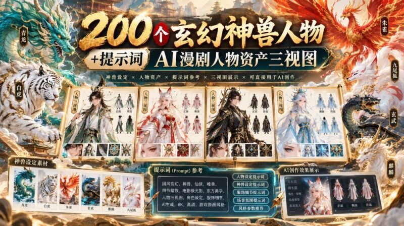 200个玄幻神兽人物+提示词ai漫剧人物资产三视图-三零资源