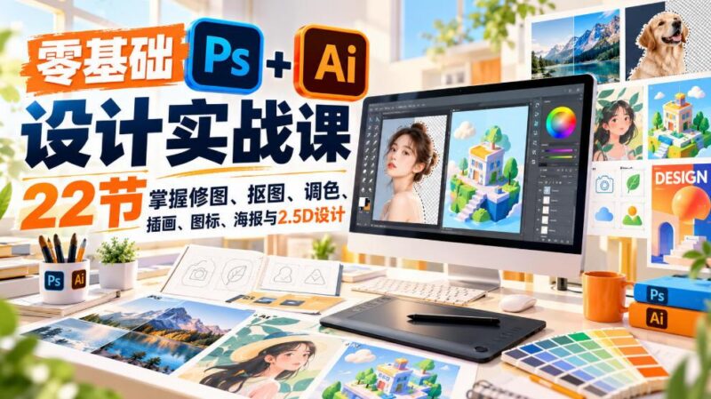 【无水印】零基础PS+AI设计实战课|22节掌握修图、抠图、调色、插画、图标、海报与2.5D设计-三零资源