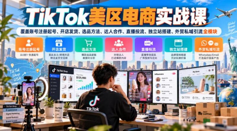 TikTok美区电商实战课，覆盖账号注册起号、开店发货、选品方法、达人合作、直播投流、独立站搭建、外贸私域引流全模块-三零资源