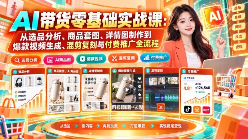 AI带货零基础实战课:从选品分析、商品套图、详情图制作到爆款视频生成、混剪复刻与付费推广全流程 三零资源-三零资源