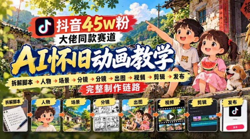抖音45W粉大佬同款赛道AI怀旧动画实战课:拆解脚本→人物→场景→分镜→出图→视频→剪辑→发布完整制作链路 三零资源-三零资源