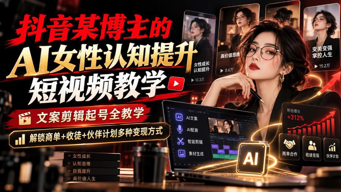 抖音某博主的Ai女性认知提升短视频教学,文案剪辑起号全教学,解锁商单+收徒+伙伴计划多种变现方式