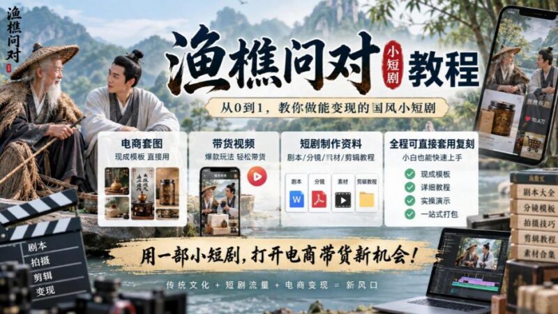 渔樵问对小短剧教程，包含电商套图、带货视频，短剧制作资料，全程可直接套用复刻-三零资源