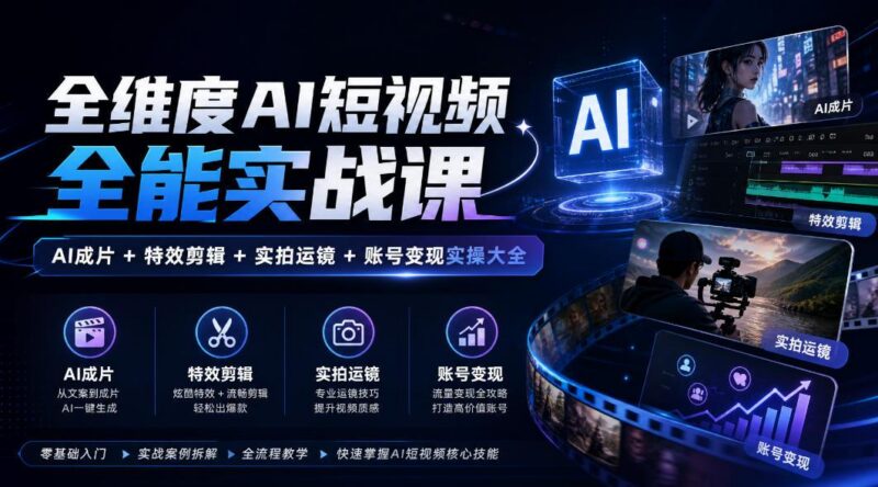 全维度AI短视频全能实战课，AI成片+特效剪辑+实拍运镜+账号变现实操大全-三零资源