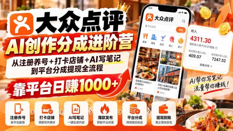 大众点评AI创作分成进阶营:从注册养号+打卡店铺+AI写笔记到平台分成提现全流程,靠平台日赚1000+-三零资源