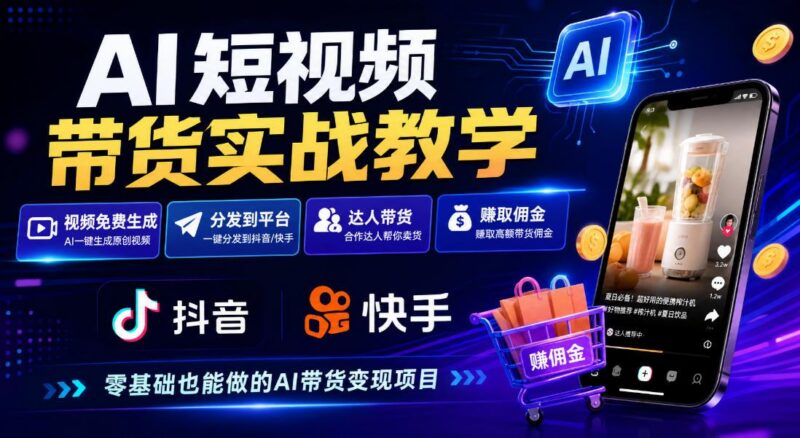 AI短视频带货实战教学，视频免费生成，分发到抖音快手平台，达人带货賺佣金-三零资源