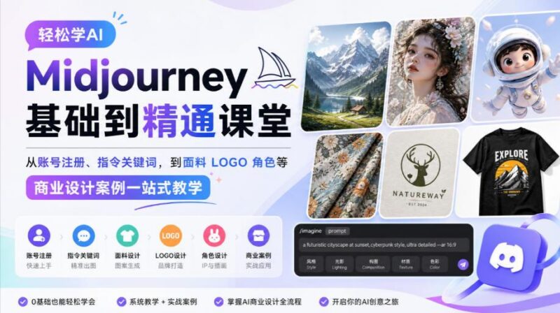 轻松学AI Midjourney基础到精通课堂,从账号注册、指令关键词,到面料LOGO角色等商业设计案例一站式教学 三零资源-三零资源