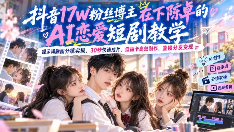 抖音17W粉丝博主在下陈卓的AI恋爱短剧教学,提示词融图分镜实操,30秒快速成片,低抽卡高效制作,直接分发变现-三零资源