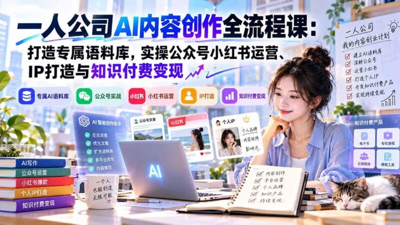 一人公司AI内容创作全流程课:打造专属语料库,实操公众号小红书运营、IP打造与知识付费变现方法论-三零资源