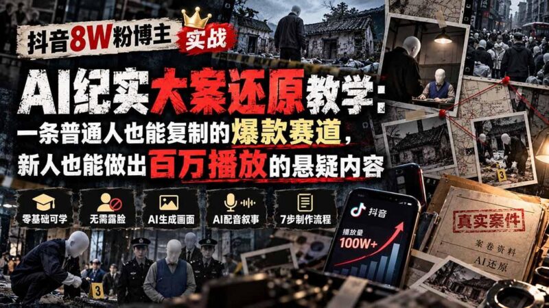 抖音8W粉博主AI纪实大案还原教学:一条普通人也能复制的爆款赛道,新人也能做出百万播放的悬疑内容-三零资源