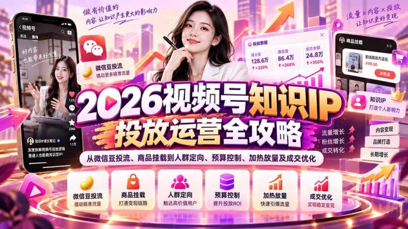 2026视频号知识IP投放运营全攻略:从微信豆投流、商品挂载到人群定向、预算控制、加热放量及成交优化-三零资源
