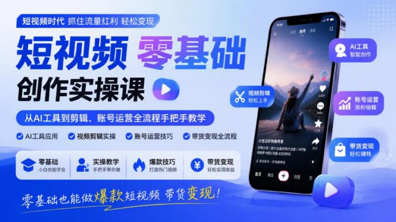 短视频零基础创作实操课,从AI工具到剪辑、账号运营全流程手把手教学,零基础也能做爆款短视频带货变现-三零资源
