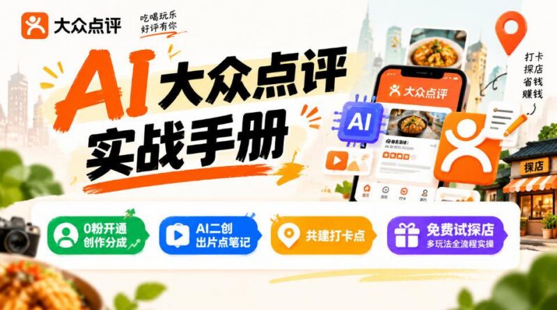 某局的AI大众点评实战手册,0粉开通创作分成、AI二创出片点笔记、共建打卡点、免费试探店多玩法全流程实操-三零资源