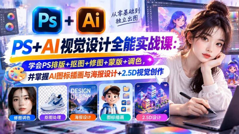 【无水印】PS+AI视觉设计全能实战课：学会PS排版+抠图+修图+蒙版+调色，并掌握AI图标插画与海报设计+2.5D视觉创作-三零资源