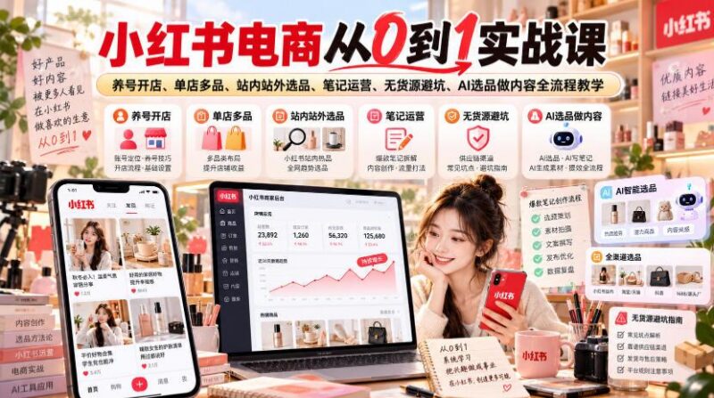 小红书电商从0到1实战课|养号开店、单店多品、站内站外选品、笔记运营、无货源避坑、AI选品做内容全流程教学-三零资源