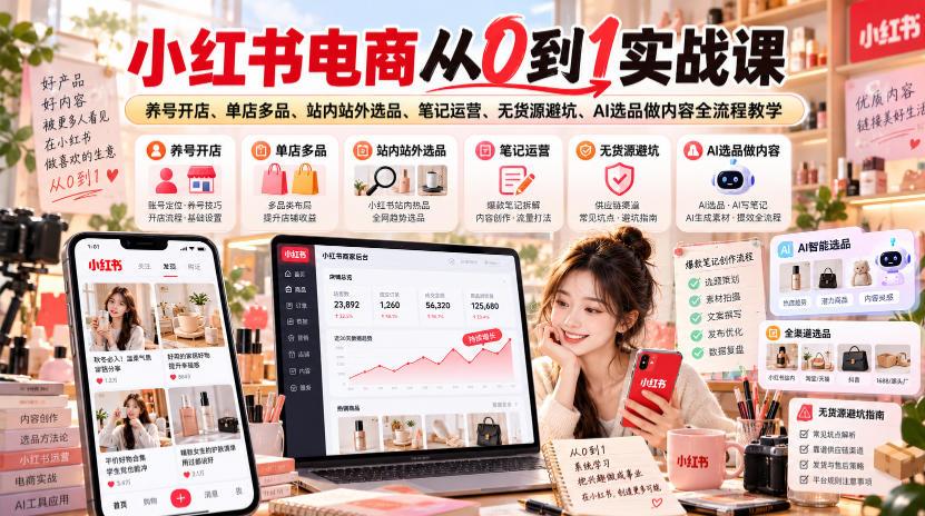 小红书电商从0到1实战课｜养号开店、单店多品、站内站外选品、笔记运营、无货源避坑、AI选品做内容全流程教学