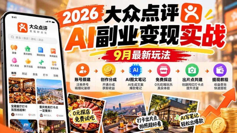 2026大众点评AI副业变现实战9月最新玩法：账号搭建+创作分成+AI图文笔记+免费探店+出片点共建与提现教程-三零资源