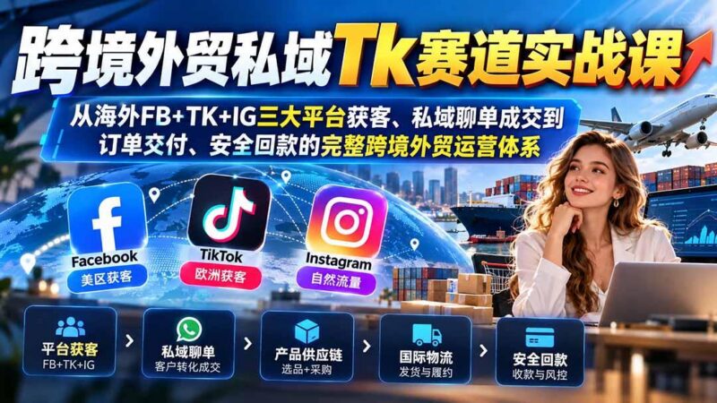 跨境外贸私域Tk赛道实战课:从海外FB+TK+IG三大平台获客、私域聊单成交到订单交付、安全回款的完整跨境外贸运营体系 三零资源-三零资源