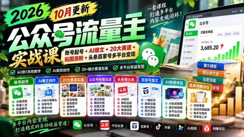 2026公众号流量主实战课-10月更新:账号起号+AI爆文+20大赛道+贴图涨粉+头条百家号多平台变现-三零资源