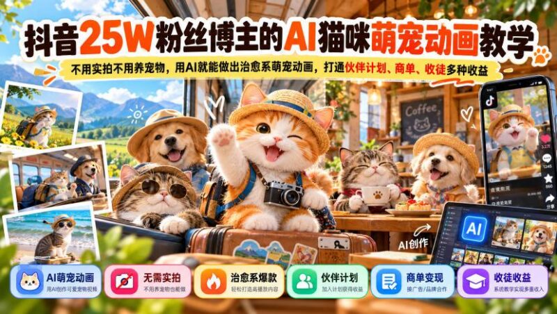 抖音25W粉丝博主的AI猫咪萌宠动画教学，不用实拍不用养宠物，用AI就能做出治愈系萌宠动画，打通伙伴计划、商单、收徒多种收益-三零资源