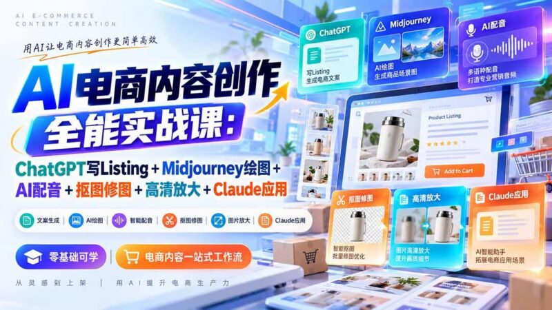 【无水印】AI电商内容创作全能实战课：ChatGPT写Listing+Midjourney绘图+AI配音+抠图修图+高清放大+Claude应用 三零资源-三零资源