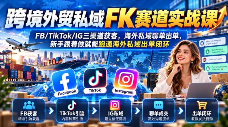 跨境外贸私域FK赛道实战课|FB/TikTok/IG三渠道获客,海外私域聊单出单,新手跟着做就能跑通海外私域出单闭环 三零资源-三零资源