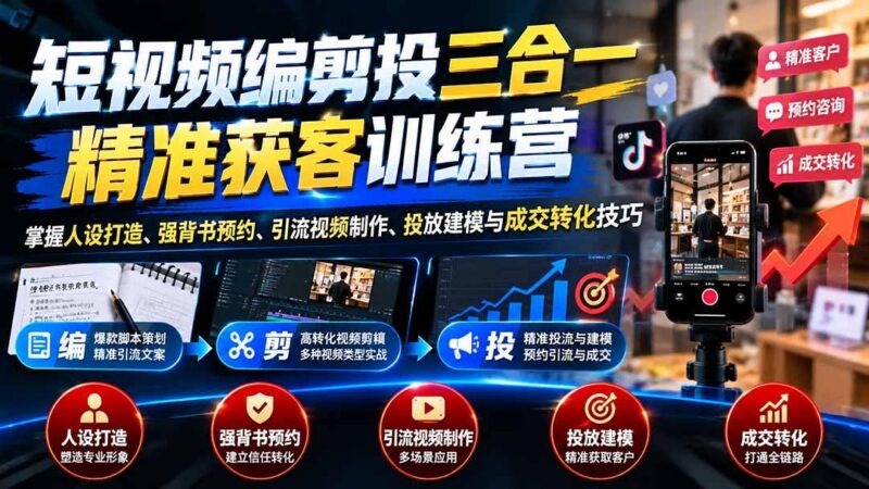 短视频编剪投三合一精准获客训练营：掌握人设打造、强背书预约、引流视频制作、投放建模与成交转化技巧-三零资源