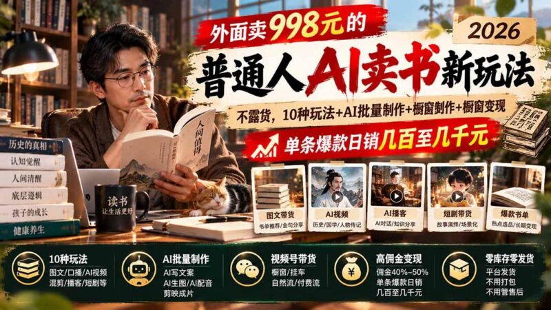 外面卖998元的2026普通人AI卖书新玩法：不露脸、不囤货，10种玩法+AI批量制作+橱窗变现，单条爆款日销几百至几千元 三零资源-三零资源