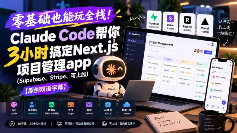 零基础也能玩全栈!Claude Code帮你3小时搞定Next.js项目管理app(Supabase、Stripe、可上线 三零资源-三零资源