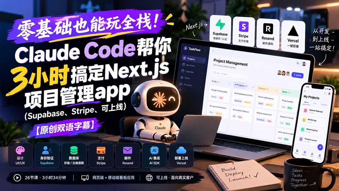 零基础也能玩全栈!Claude Code帮你3小时搞定Next.js项目管理app(Supabase、Stripe、可上线