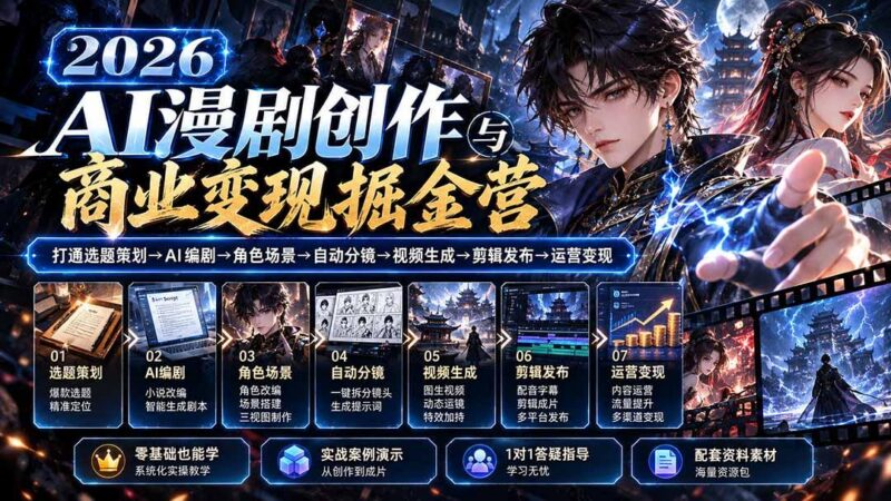【无水印】2026AI漫剧创作与商业变现掘金营：打通选题→AI编剧→角色场景→自动分镜→视频生成→剪辑发布→运营变现 三零资源-三零资源