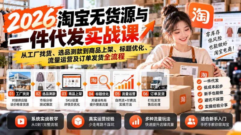2026淘宝无货源与一件代发实战课：从工厂找货、选品测款到商品上架、标题优化、流量运营及订单发货全流程-三零资源