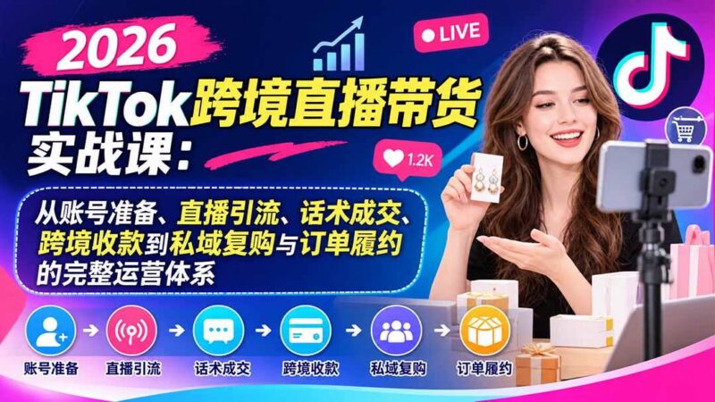 2026TikTok跨境直播带货实战课：从账号准备、直播引流、话术成交、跨境收款到私域复购与订单履约的完整运营体系-三零资源