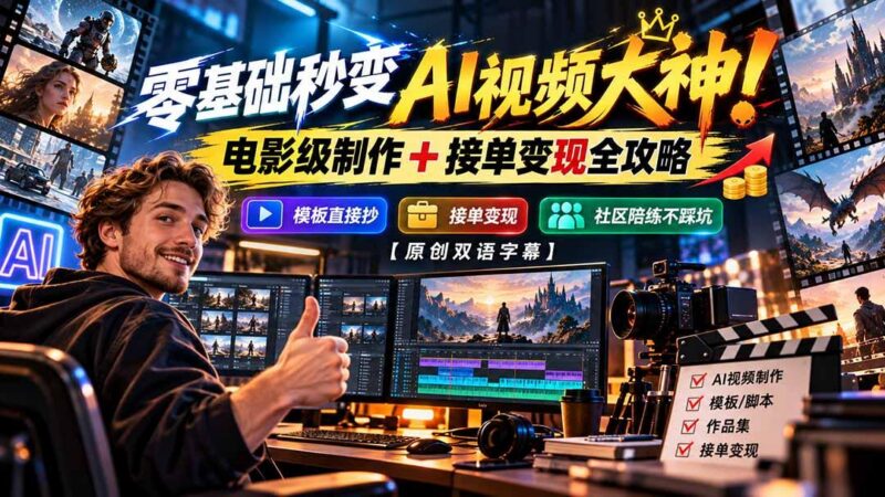 零基础秒变AI视频大神！电影级制作 + 接单变现全攻略，模板直接抄，社区陪练不踩坑【原创双语字幕】-三零资源