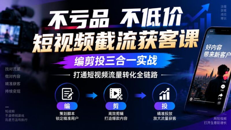 不亏品不低价短视频截流获客课,编剪投三合一实战,打通短视频流量转化全链路-三零资源