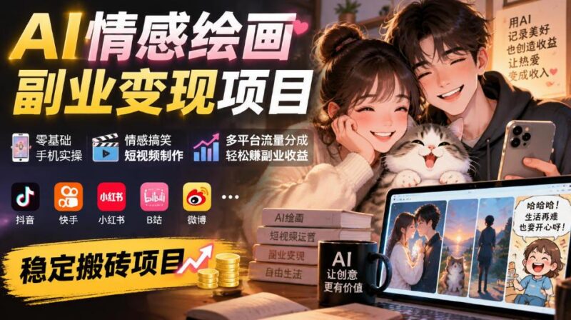 AI情感绘画副业变现项目|零基础手机实操,情感搞笑短视频制作,多平台流量分成轻松賺副业收益-三零资源