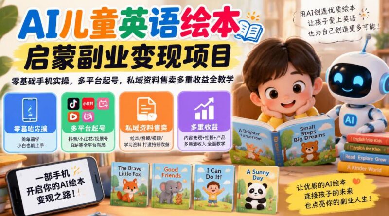 AI儿童英语绘本启蒙副业变现项目,零基础手机实操,多平台起号,私域资料售卖多重收益全教学-三零资源