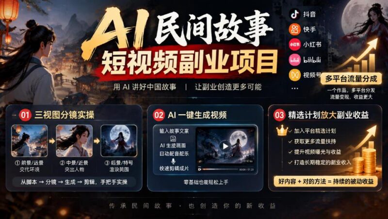 AI民间故事短视频副业项目，多平台流量分成，三视图分镜实操，精选计划放大副业收益 三零资源-三零资源